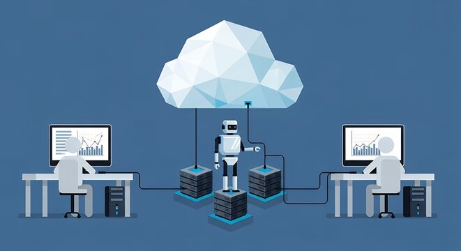 Cloud Computing and AI Robot Managing Data Servers with People Working on Computers.