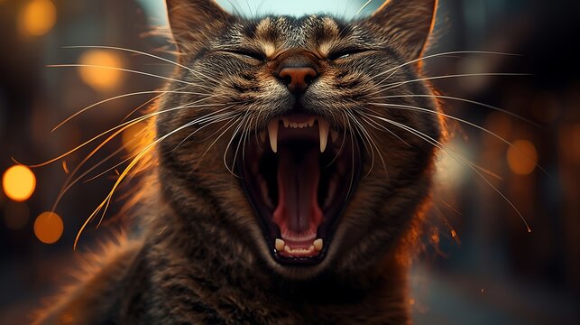 Close up of a tabby cat yawning with sharp teeth and whiskers