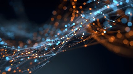 Interconnected glowing particles form a complex web structure against a dark background