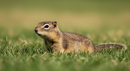 Fototapeta premium Close up of a cute ground squirrel with striped fur in a grassy field.
