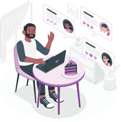 Man video calling with cake and social media bubbles laptop