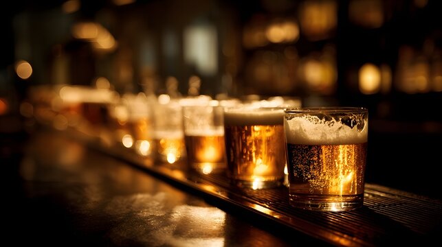 Row of frothy golden beverages sits illuminated on a dark wooden countertop in a dimly lit establishment