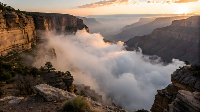 Fog rolls through the grand canyon at sunrise, creating a stunning natural landscape with cliffs and canyons bathed in warm light - Powered by Adobe