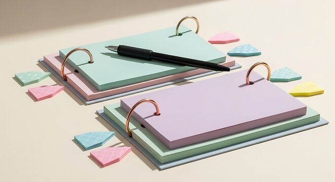 Two pastel colored notebooks with a pen and colorful clips