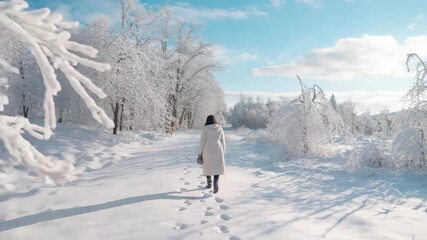 Solitary figure walks through a breathtaking winter wonderland, leaving footprints in fresh snow under a clear blue sky, evoking peace and journey. - Powered by Adobe