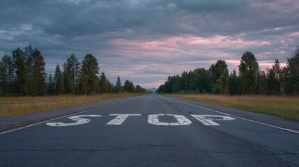 Fototapeta premium An empty road with a large white STOP sign in the center, flanked by dense trees and grass under a cloudy sky,