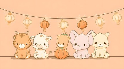 Naklejka premium Five adorable cartoon animals sit together beneath a string of glowing hanging oriental style lights