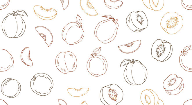 Seamless pattern of hand-drawn outline illustrations featuring various forms of peaches and nectarines, including whole fruits, halves, and slices, in earthy brown tones on a white background.