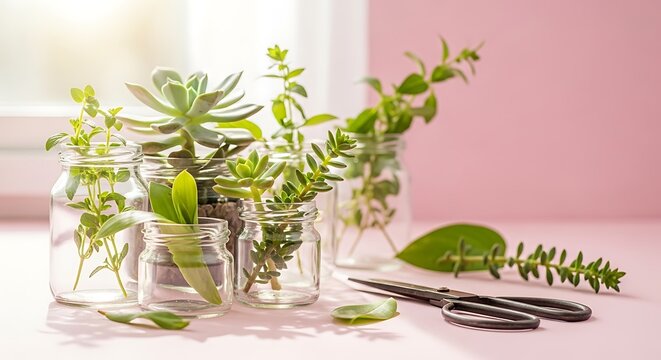 Succulent cuttings in glass jars with scissors and leaves on a pink surface