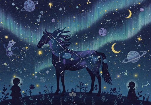 2026年 午年 年賀状素材 馬の星座と幻想的な夜空のイラスト
