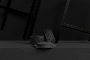 Minimalist Black Podium with Stone on a Dark Abstract Background