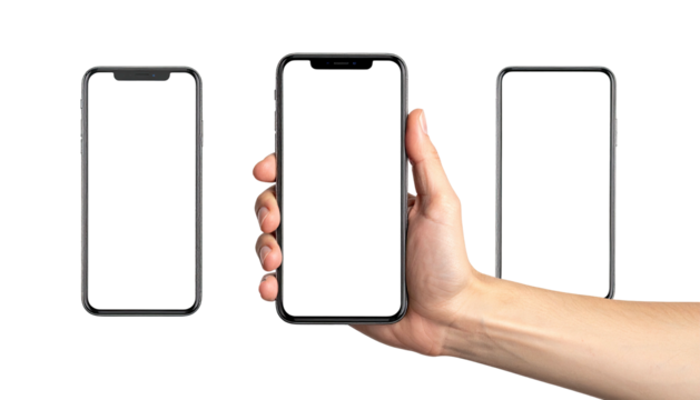 Hand holding smartphone with blank screen, against dark background