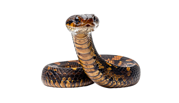 Snake coiled, head high, scales detailed, isolated on black