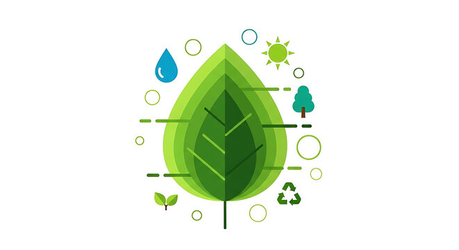 Green leaf with environmental icons for sustainability, nature conservation, eco-friendly living, and renewable resources concept illustration