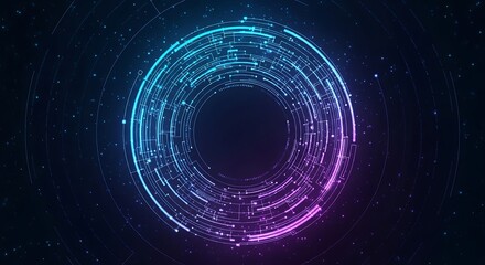 Futuristic Glowing Neon Circle with Digital Particles on Dark Background.