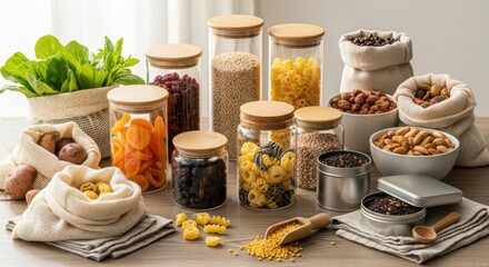 Pantry jars with grains pasta legumes and nuts - clean kitchen storage scene for zero waste lifestyle cooking blogs and grocery headers