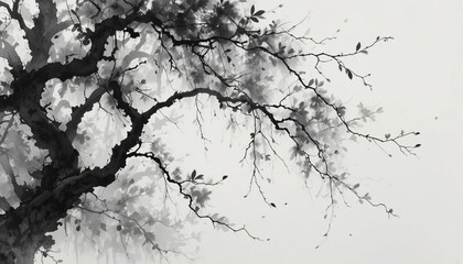 Fototapeta premium Black Ink Wash Painting of an Old Tree