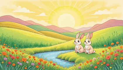 Two Cute Rabbits Sitting by a Sunny Stream