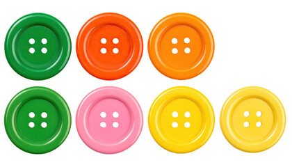 Eight colorful, round, four-hole buttons arranged on black ground