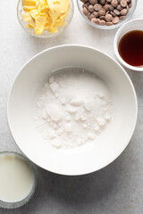 mise en place for making chocolate muffins, Flatlay of ingredients for making chocolate muffins, ingredients for making chocolate muffins