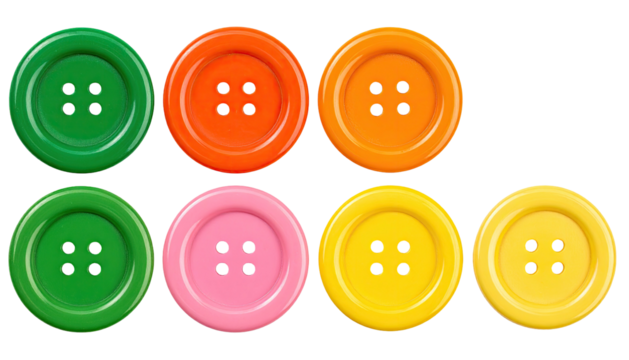 Eight colorful, round, four-hole buttons arranged on black ground