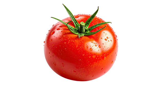 Single, vibrant red tomato with green stem against black backdrop