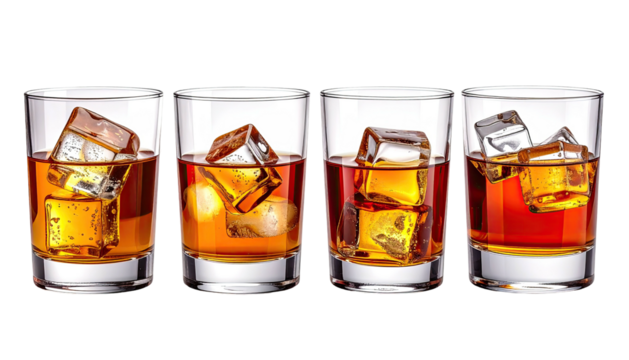 Row of whiskey glasses filled, each with ice, on black