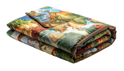 Folded quilt displaying a map, earth tones, isolated against black