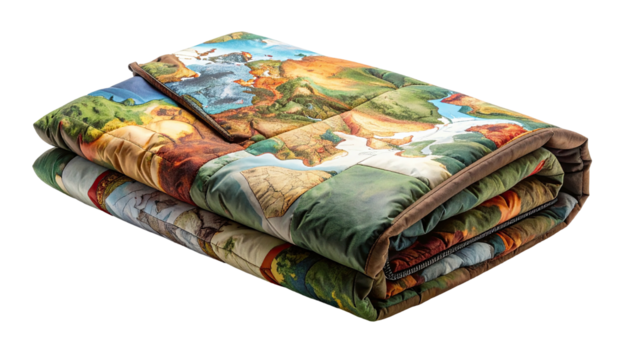 Folded quilt displaying a map, earth tones, isolated against black