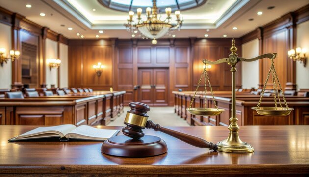 Courtroom scene with judge's gavel legal documents and scales of justice.