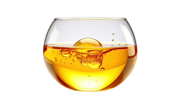 Round glass filled with amber liquid and bubbles, black backdrop