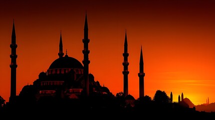 Obraz premium Prominent religious structure with tall minarets silhouetted against a vibrant orange sunset