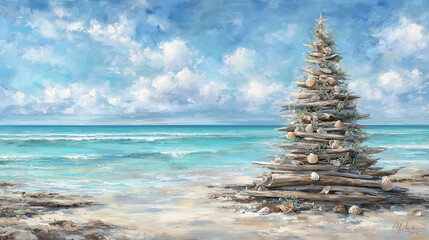 A unique coastal Christmas tree creatively constructed from weathered driftwood and assorted seashells stands against a backdrop of turquoise sea, evoke a serene seaside holiday atmosphere. 