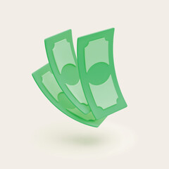 3D green banknotes. Fan of three realistic banknotes. Money management and financial saving concept. Vector paper currency cash payment.