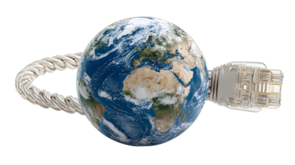 Earth globe with network cable and connector isolated on transparent background