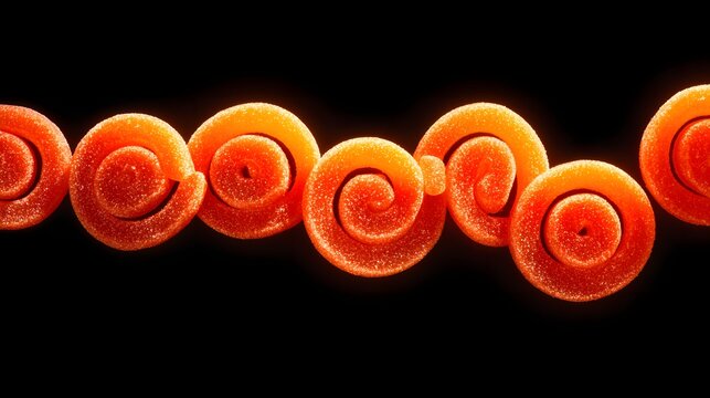 Row of sugar coated spiral shaped sweets glows brightly against a dark background