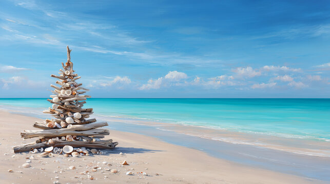A unique coastal Christmas tree creatively constructed from weathered driftwood and assorted seashells stands against a backdrop of turquoise sea, evoke a serene seaside holiday atmosphere.