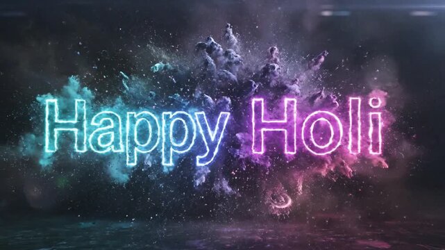 vibrant happy holi neon text colorful powder blast