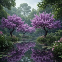Enchanting pond reflecting vibrant purple blossoms in serene nature scene, perfect for wellness retreats and peaceful escapes