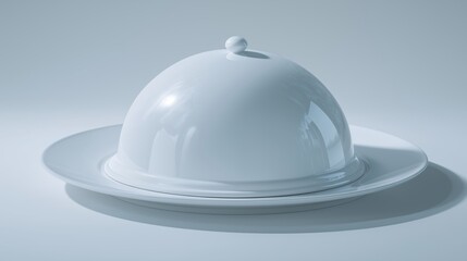 Fototapeta premium Elegant white serving dish presents a meal waiting to be revealed in a modern dining setting.