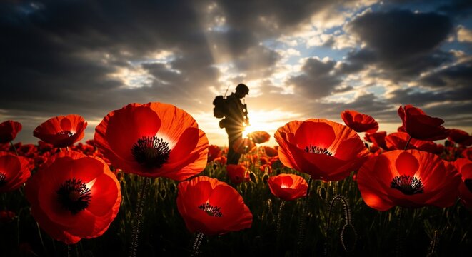 Veterans Day Remembrance Silhouette Honoring American Heroes Among Red Poppy Flowers Sunset Scene