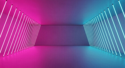 Modern empty room with neon lights in pink and blue, creating a futuristic and vibrant atmosphere for events or performances