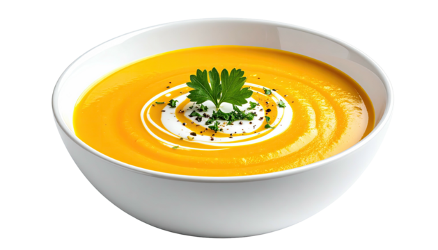 Orange soup swirls with cream in white bowl. Garnish on top