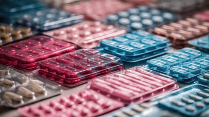 Colorful Assorted Pills and Capsules in Blister Packs Displayed