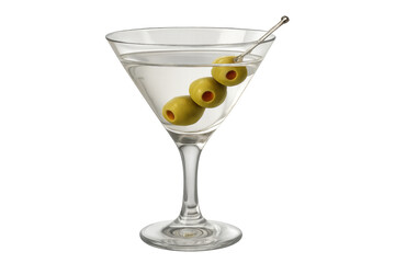 Martini cocktail in a glass with three green olives on a transparent background, depicting a classic luxury drink