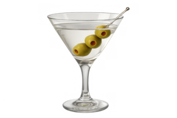 Martini cocktail in a glass with three green olives on a transparent background, depicting a classic luxury drink