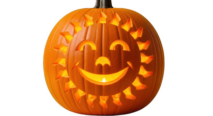 Carved halloween pumpkin with a smiling sun face glowing against a dark black spooky background