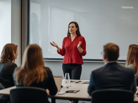Dynamic businesswoman leading professional workshop presentation to colleagues in bright modern office setting for corporate innovation