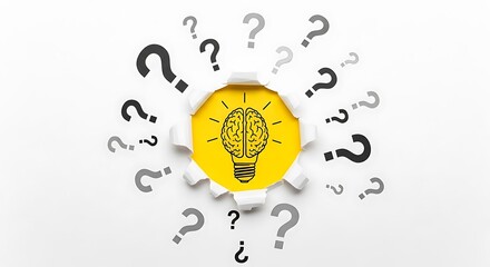 Brain in a light bulb with question marks around it, isolated on white background