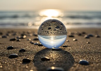 Crystal ball on beach reflecting sunset, ocean view, beautiful scenery.